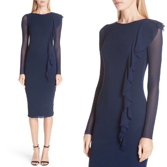 FUZZI Dresses Clearance Fuzzi V Neck Asymmetrical Ruffle Mesh Dress